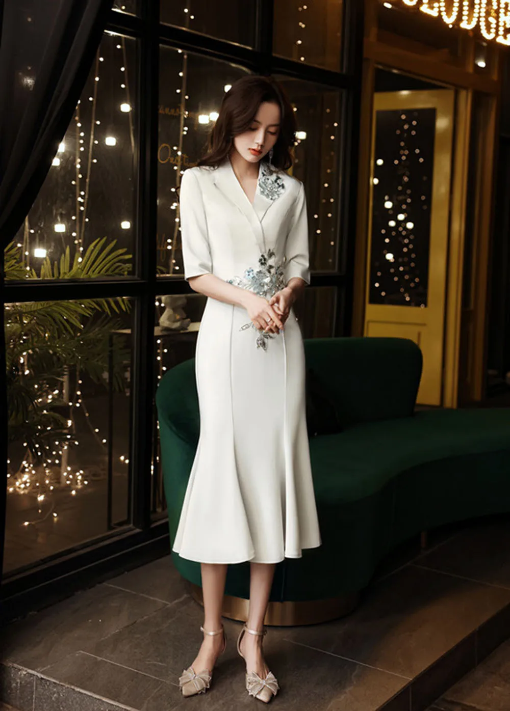 

Elegant Women's Formal Occasions Suit Dress Light Luxury Sequins Applique Half Sleeves Knee-Length White Fishtail Vestido