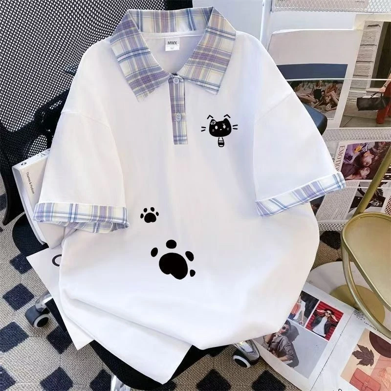 Women's Summer Short Sleeve Plaid Faux Two Piece T-shirt With Color Blocked Pockets Shirt Paneling Niche Design Style
