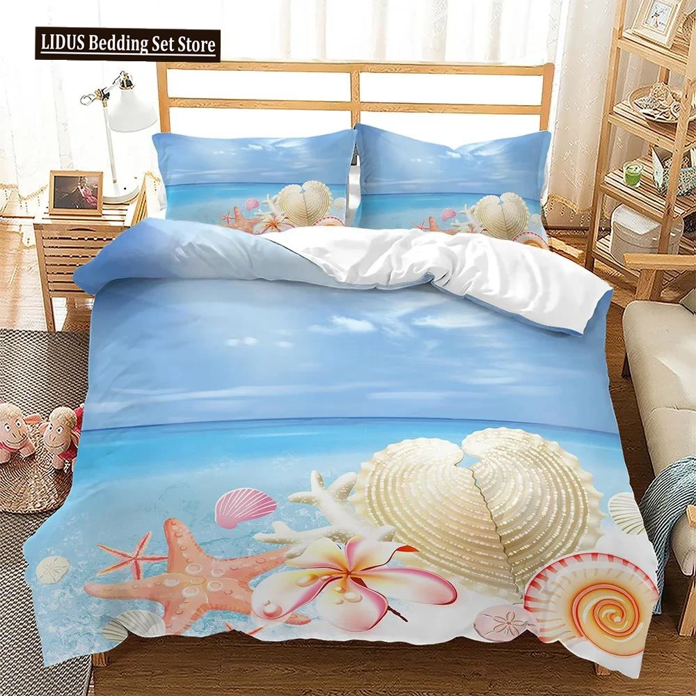 

Summer Holiday Theme Duvet Cover Set King Queen Size Beach Shell Starfish Comforter Cover For Kid Boy Girl Polyester Bedding Set