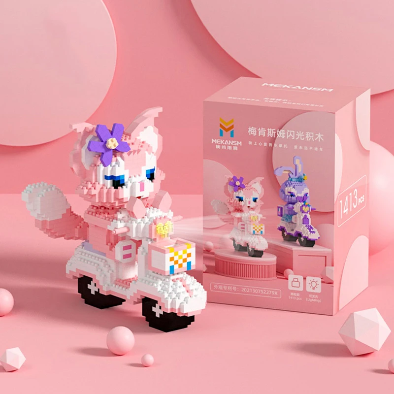 StellaLou Micro Building Blocks Disney Pink Fox LinaBell Motorcycle Assembled Mini Bricks Figure Toy For Kid Gifts