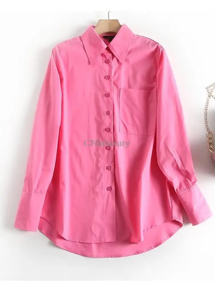 CNlalaxury 2023 Women Vintage Solid Cotton Shirt Blouse Long Sleeve Female Casual Loose Shirts Pocket  Blusas Femininas