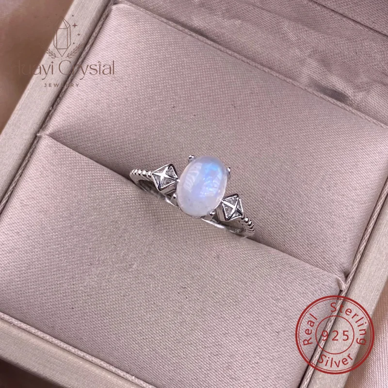 

S925 Серебряное инкрустированное простое универсальное маленькое свежее женское кольцо с синим лунным камнем