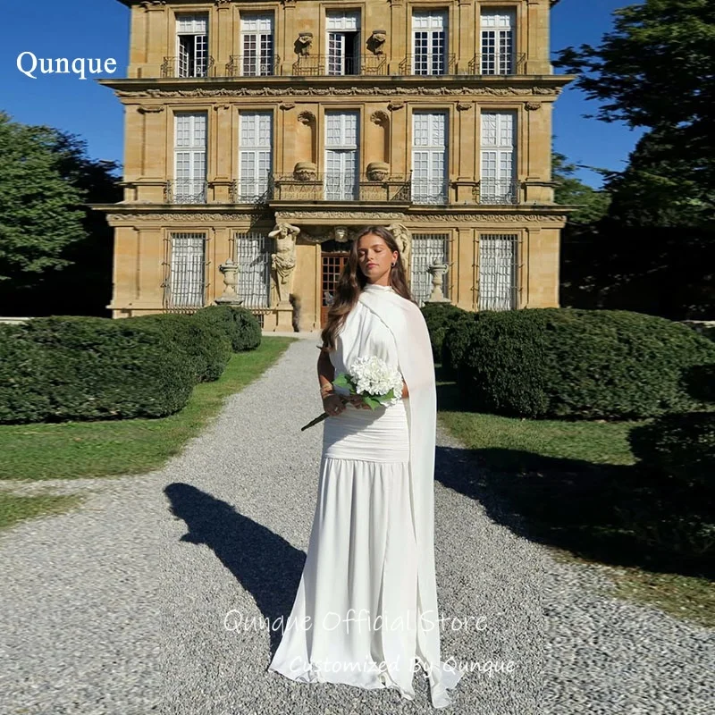 

Qunque Chiffon Capelet Overlay Wedding Dresses Ruched Waist Evening Dresses Ribbons Sleeveless Vestido De Novia Boda Customized
