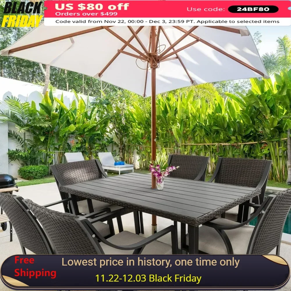 

7 Piece Patio Dining Set,Wicker Rattan Patio Dinings Furniture Set with Umbrella Hole,Wicker Outdoor Dining Sets