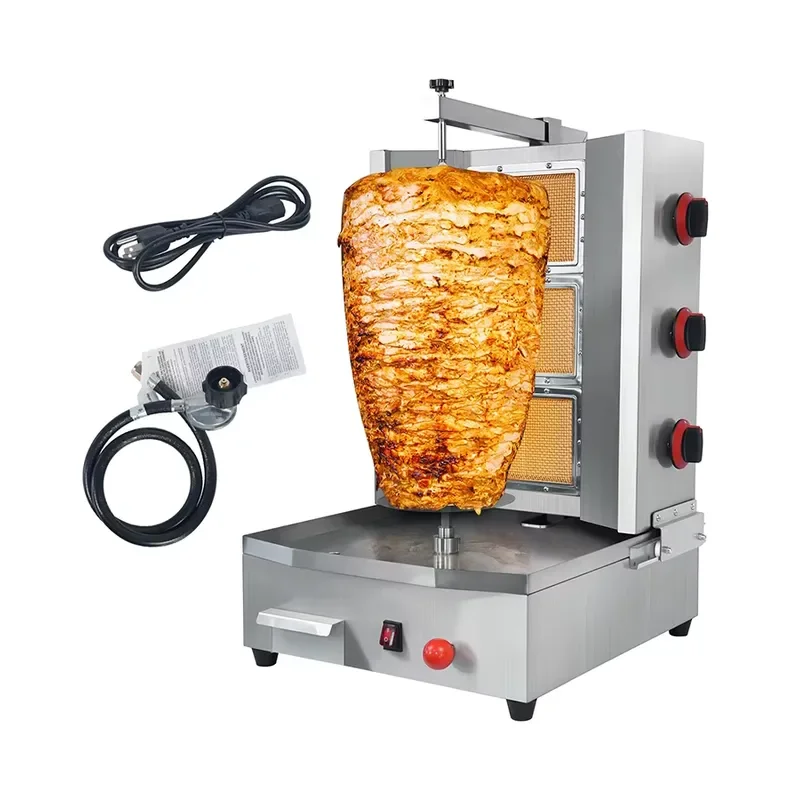 New Commercial 3 Burner Shawarma Grill Machine Stainless Steel Automatic Rotating Vertical Skewer Hold 154 Pounds of Meat