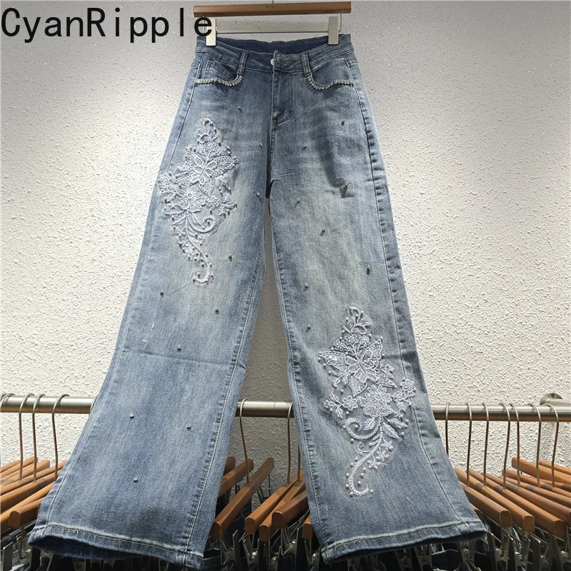 2026 New Autumn All-match High Waist Women Straight Jeans Embroidery Diamonds Beads Vintage Light Blue Wide Leg Denim Pants