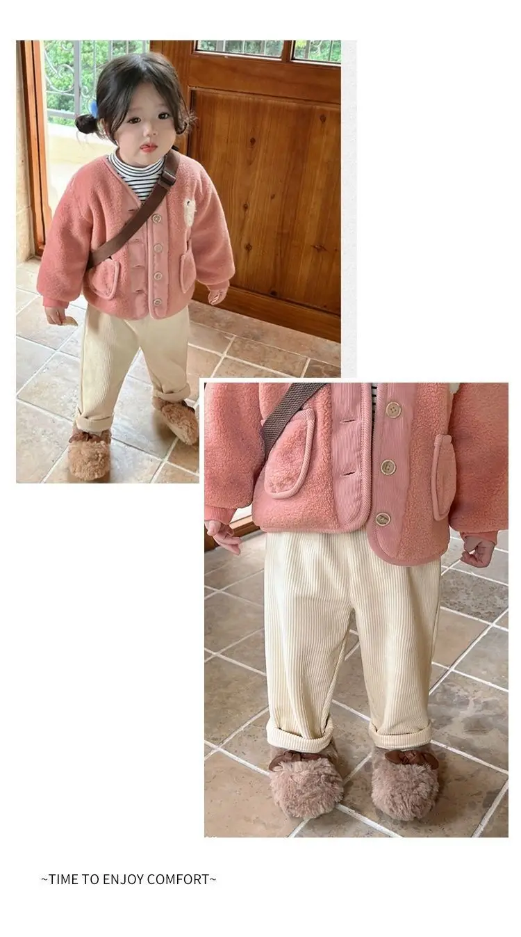 Kinder Herbst Winter Fleece-Gefütterte Gerade Hosen Jungen Mädchen Cordhosen Lässige Lange Hosen Weiche Baby Sporthosen Schulhosen Kinder – Detail 11