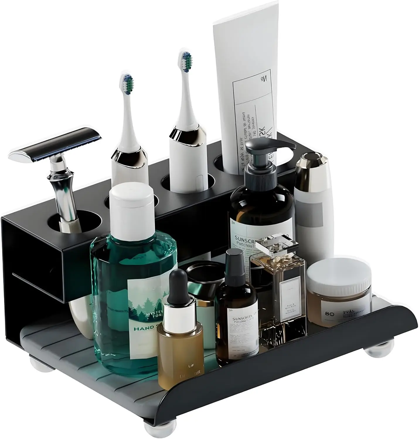 

Быстросохнущий металлический органайзер для ванной комнаты на 4 слота для электрических зубных щеток, зубной пасты, бритв и ополаскивателя для рта, черный