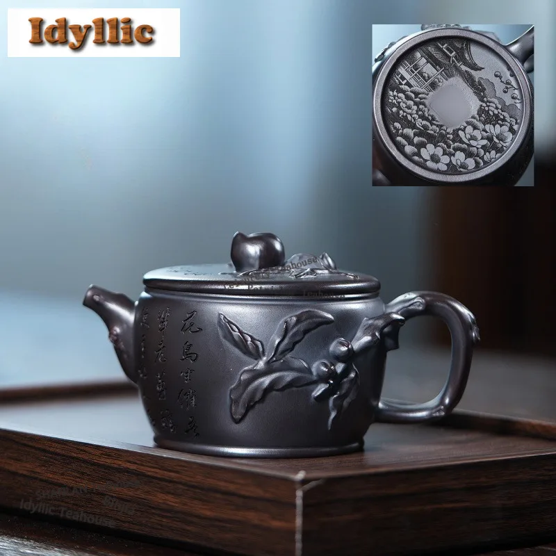 

270ml Yixing Purple Clay Teapots Handmade Longevity Peach Large Caliber Pot Raw Ore Antique Brass Mud Kettle Zisha Tea Set