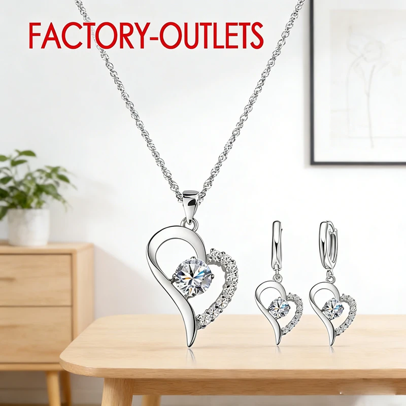 Real 925 Sterling Silver Bridal Jewelry Sets CZ Cubic Zircon Lovers\' Heart Drop Necklaces Hoop Earrings Women Party Engagement