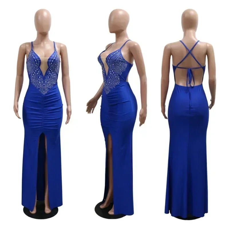 GUWU ตาข่าย Rhinestones ร้อนผู้หญิงแขนกุด Bodycon ความยาวชั้นชุดยาวฤดูใบไม้ร่วงเซ็กซี่เพชรชุดราตรีชุดราตรี