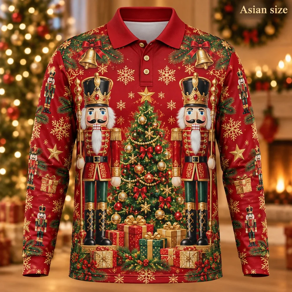 2026 Christmas Nutcracker Long Sleeve Polo Shirt for Men 3D Print Polyester Holiday Graphic Festive Casual Winter Outfit Gift