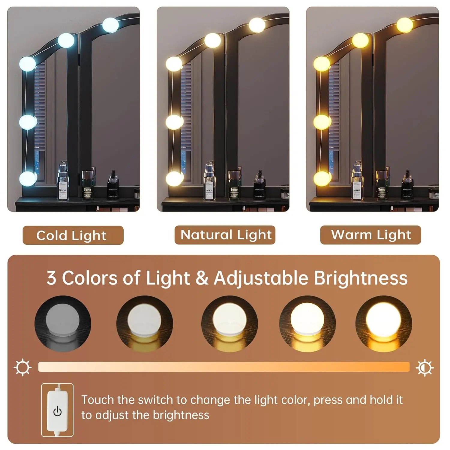 Makeup Vanity with Lights, Vanity Desk with 10 Light Bulbs & 3 Color Lighting Modes, Vanity Table with 5 Drawers, Customized