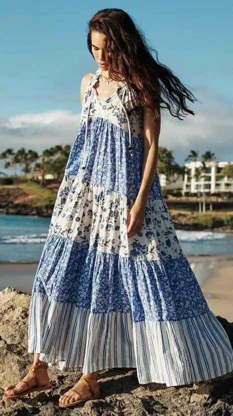 Robe longue de plage pour femmes, style bohème, col en V, motif floral, imprimé géométrique, à plusieurs niveaux, fluide, mi-longue, streetwear