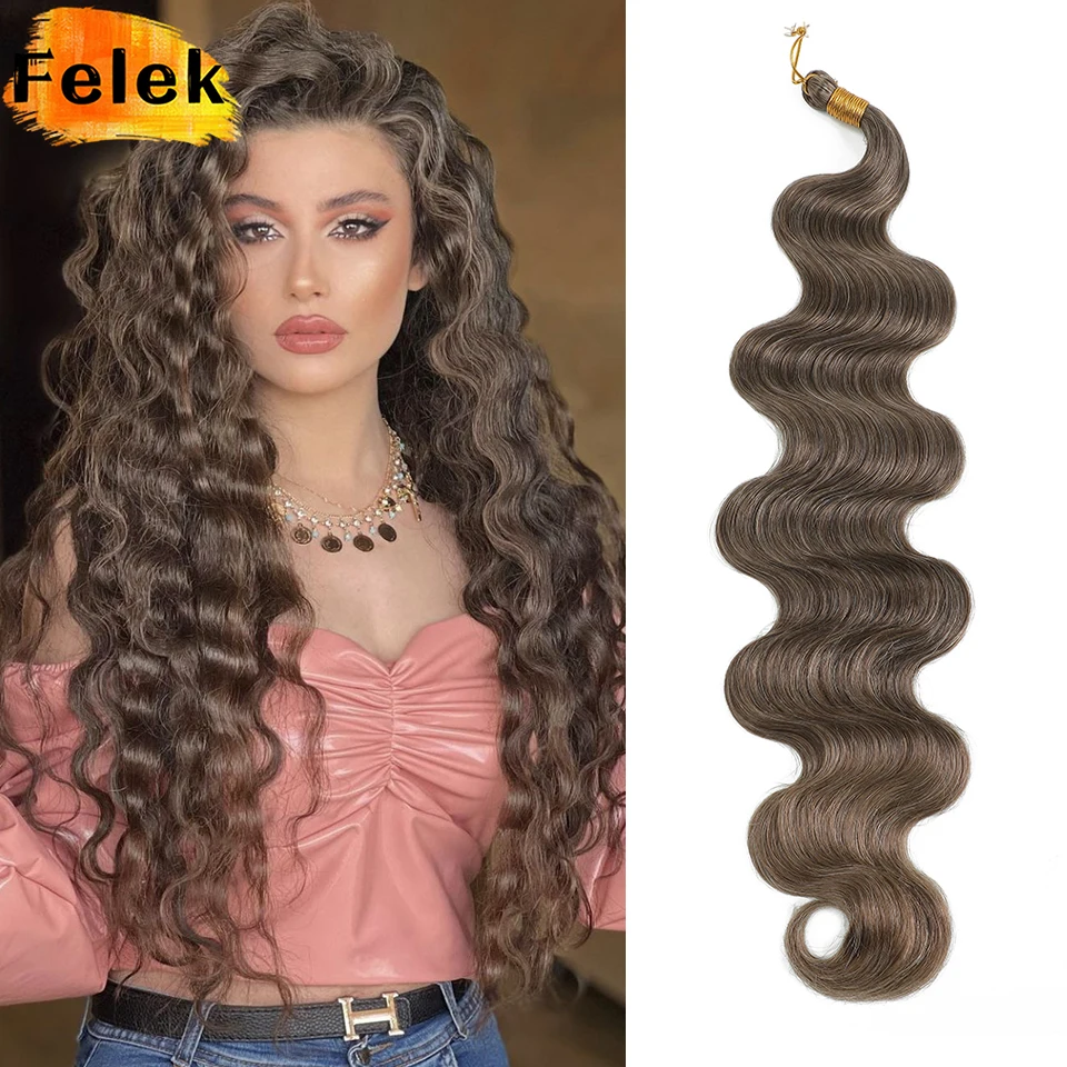 

3-6Pcs Body Wave Braiding Hair Extensions 24" Synthetic Pre-Feathered Black Boho Box Braids for Goddess French Curl Crochet Hair