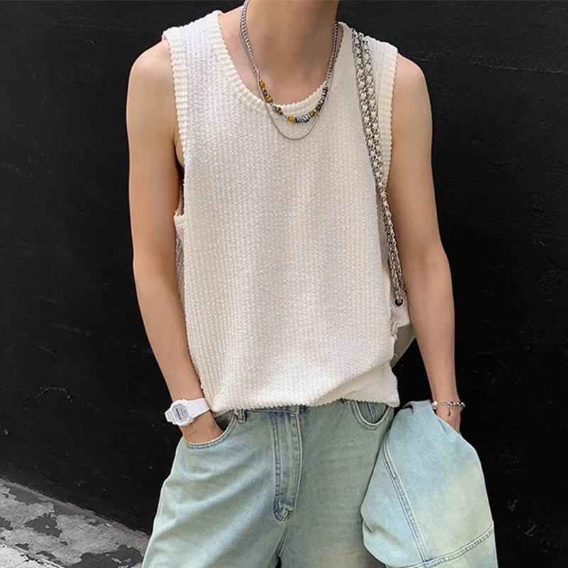 Vintage Striped Ribbed Tank Tops Men Streetwear Fashion Solid Color O Neck Sleeveless Vest For Mens Summer Casual Slim Camisoles