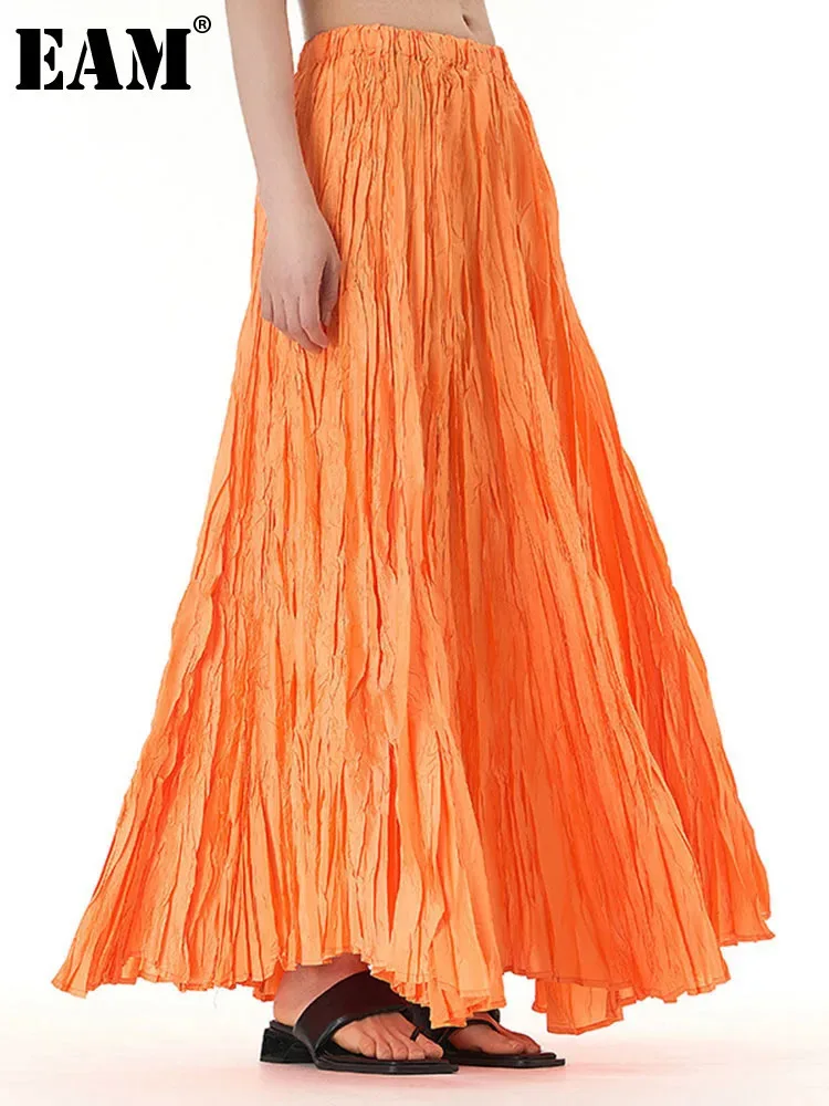 

[EAM] High Elastic Waist Orange Pleated Big Size Long A-line Half-body Skirt Women Fashion Tide New Spring Autumn 2024 1DH6538