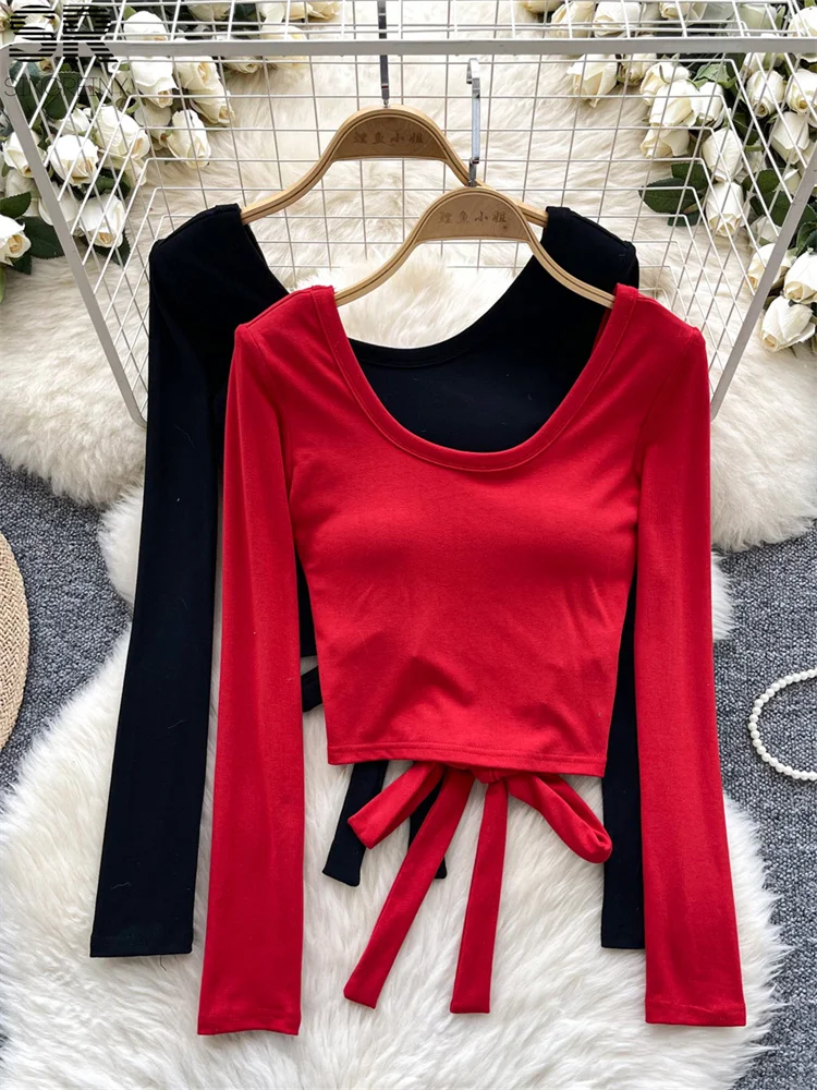 SINGREINY Autumn Sexy Blouse Women Long Sleeve Lace Up Bow Design Backless Fashion High Quality Slim Hotsweet Solid Shirt