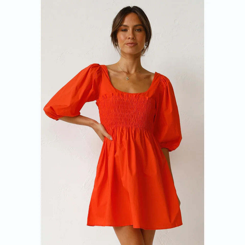 

2025 Spring/Summer New Solid Color U-Neck Waist Collection Fresh And Sweet Short Dress 22117