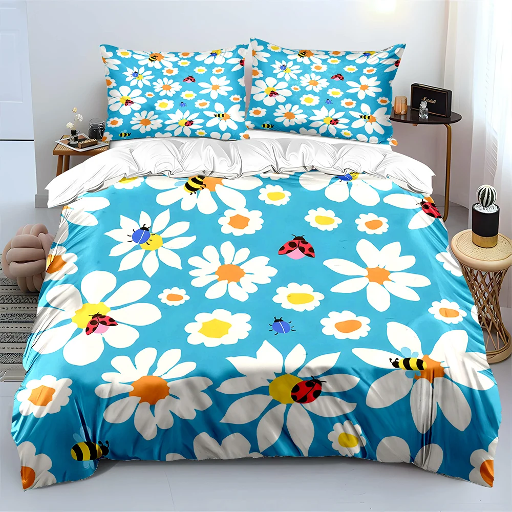 Lustiges Bettwäsche-Set mit Blumenmuster und Insekten-Print, 1 Bettbezug, 2 Kissenbezüge für Erwachsene und Kinder, luxuriöses Geschenk in voller Größe.