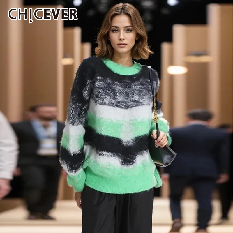 

CHICEVER Colorblock Striped Casual Knitting Sweaters For Women Round Neck Long Sleeve Minimalist Loose Pullover Sweater Female