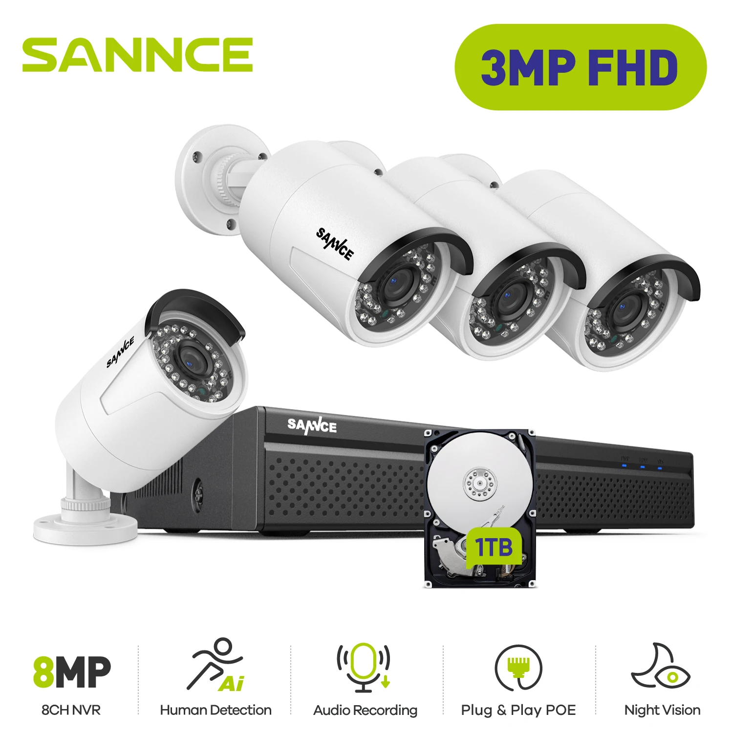 SANNCE 3MP POE Security Camera System Outdoor Night Vision Build-in Mic Weatherproof H.265+ Camera Video Surveillance CCTV Kit