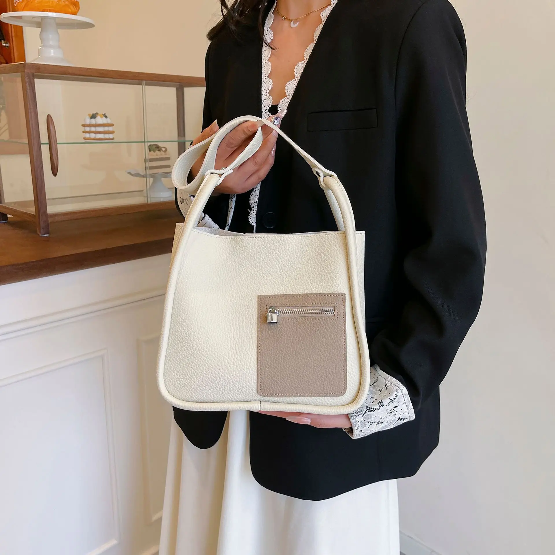 

2025 Trending! Women's Color Block Bag 2-Piece - Soft Leather Litchi Grain, Versatile Shoulder/Crossbody & Handbag
