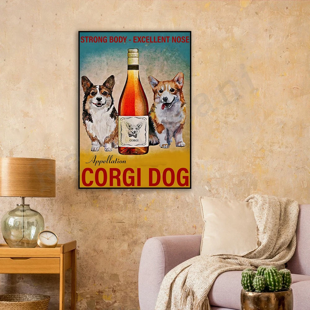 Corgi Prints, Animal Wall Art Gifts, Dog Lovers Alcohol Addicts Decor Canvas Print Posters