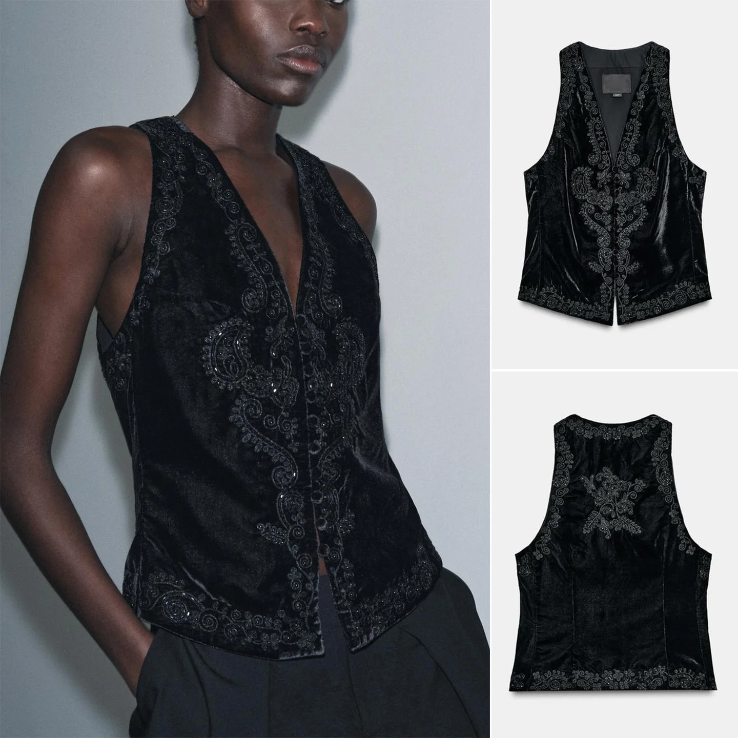 Invierno nuevo diseño de mujer V-ne Svel chaleco de terciopelo bordado 752292 diseño Original fibra de poliéster de Color puro