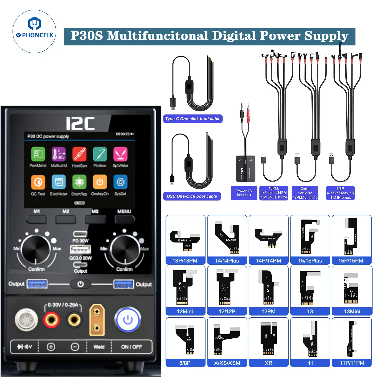 I2C P30S Multifunctional Intelligent Power Supply with One-click Startup Mobile Phone Power Boot Cable for IPhone 7-15PM Repair