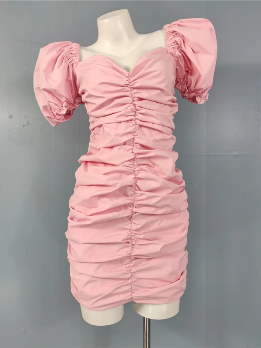 Summer 2024 Deep V-ne Pleated Bubble Sve Bodycon Dr French Sle Women's Faion ort Sve Wrap around Skirt