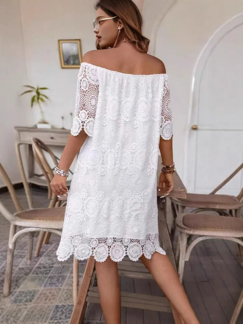 2025 Romantico abito in misto cotone con spalle scoperte Pizzo floreale Midi Vita smock Traspirante Manica a 3/4 Resort Invitato a un matrimonio A-Line