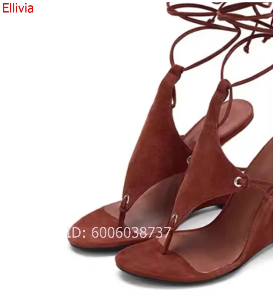 Women Mixed colors Wedge Heel Sandals Pointed Toe Thong Lace Up Ankle Wrap Sandals Fashion Contrast  Party Dress for Ladies - view 4