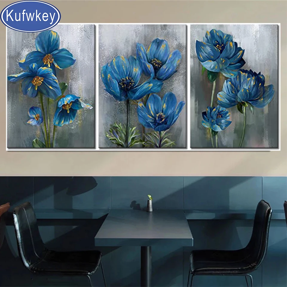 Triptych Full Diamond Mosaic Blue Lily Flowers,5D,Diamond Painting Peony,Stitch Cross,3D,Embroidery,home,art,Rhinestone Pictures