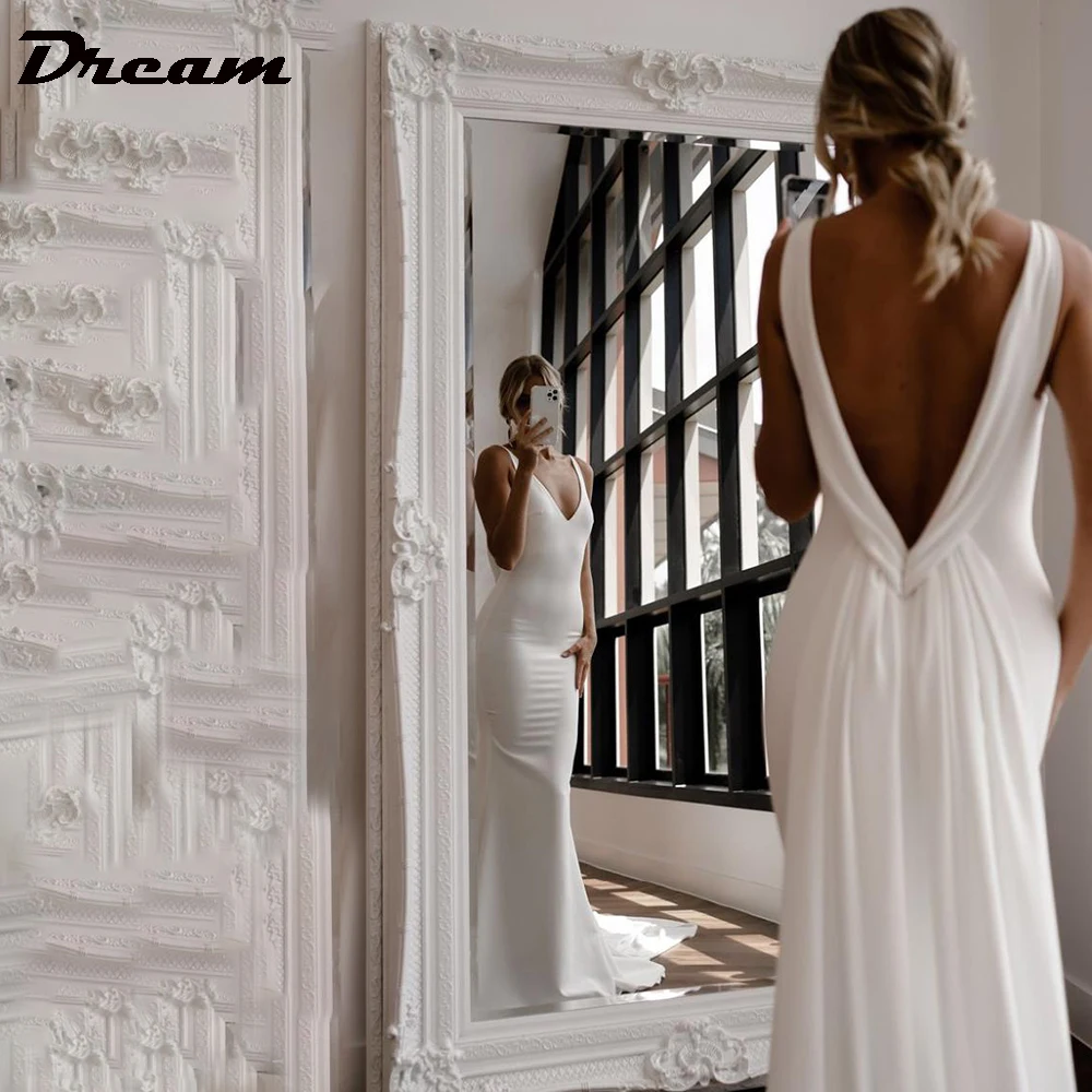 DREAM Crepe Back Detachable Train Mermaid Wedding Dress For Women 2023 Simple Sleeveless V Neck Backless Elegant Bridal Gown