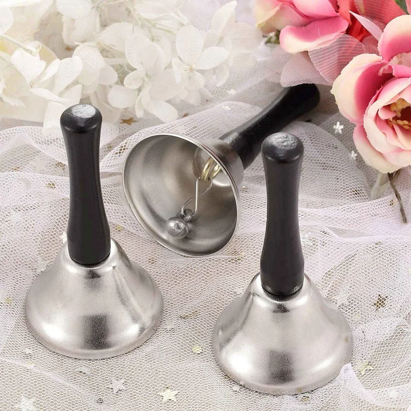 24 Pieces Hand Bells Silver Steel Service Handbells Black Wooden Handle Diatonic Metal Bells Musical Percussion (Nickel White)