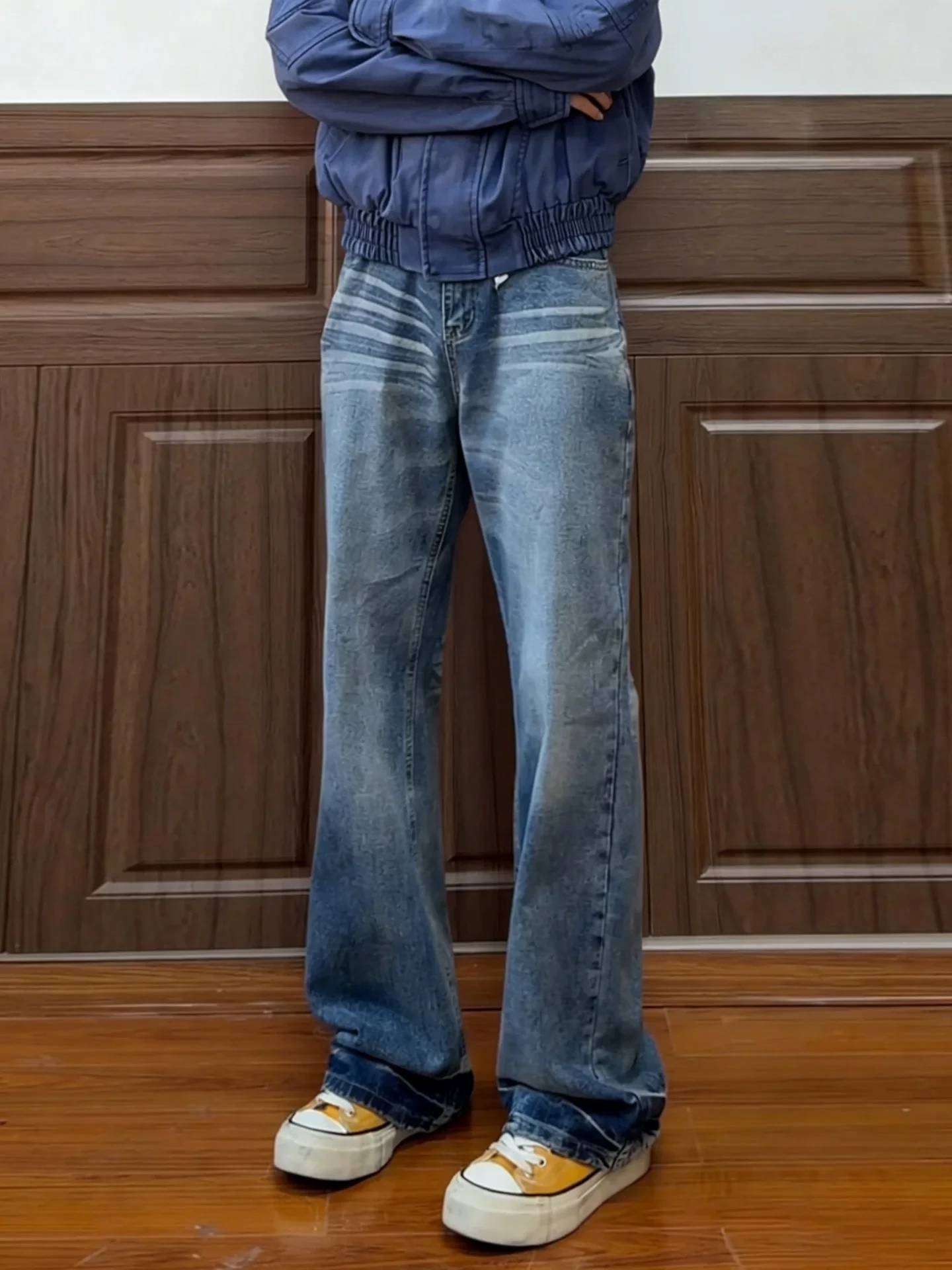 

High Waist Bell Bottom Denim Jeans Men's Autumn Winter American Vibe Straight Leg High Waist Lifting Pant Youth Fashion