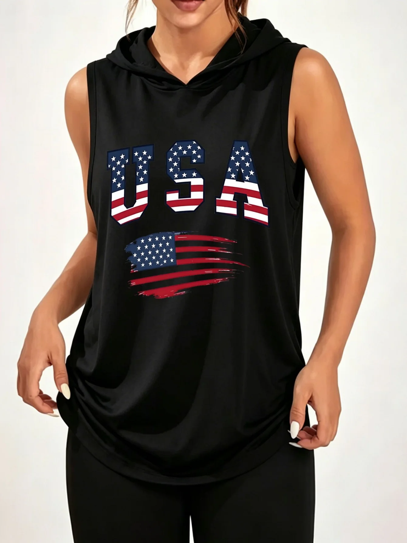 USA American Flag Brush Stroke Graphic Sleeveless Hooded Tank Top Unisex Retro Patriotic Stars And Stripes Casual Streetwear Sleeveless Hood Tank For Men Women