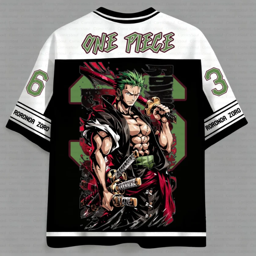 One Piece Solon Mesh Black and White Stripes Quick Drying V-neck Anime Solon Three Swords Pattern Sports Loose Tops