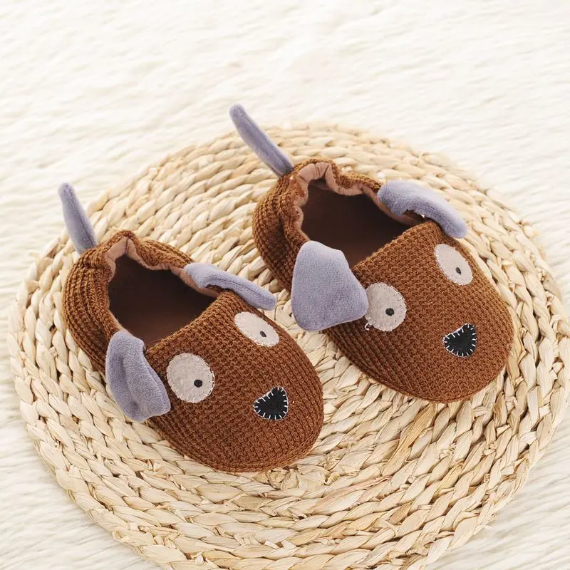 Toddler Boys Slippers for Kids Indoor Winter Cute Cartoon Dog Knitted Warm House Footwear Soft Rubber Sole Home Shoes Baby Items