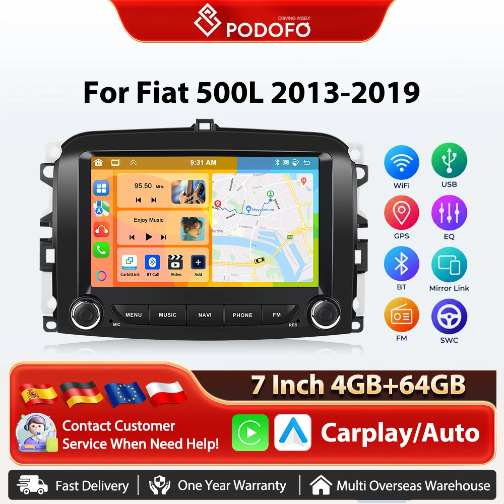 Podofo 7'' Kabelloses Carplay Android Auto Radio für Fiat 500L 2013-2019 Auto-Intelligenzsysteme GPS-Navigation BT FM/RDS 2din Autoradio Plug&Play Haupteinheit SWC Auto-Multimedia-Stereo Wifi
