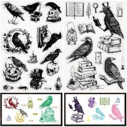 2 Styles Raven Clear Stamps Crow Book Skull Gothic Reusable Background Postmark Transparent Silicone Stamp Seals for Journaling