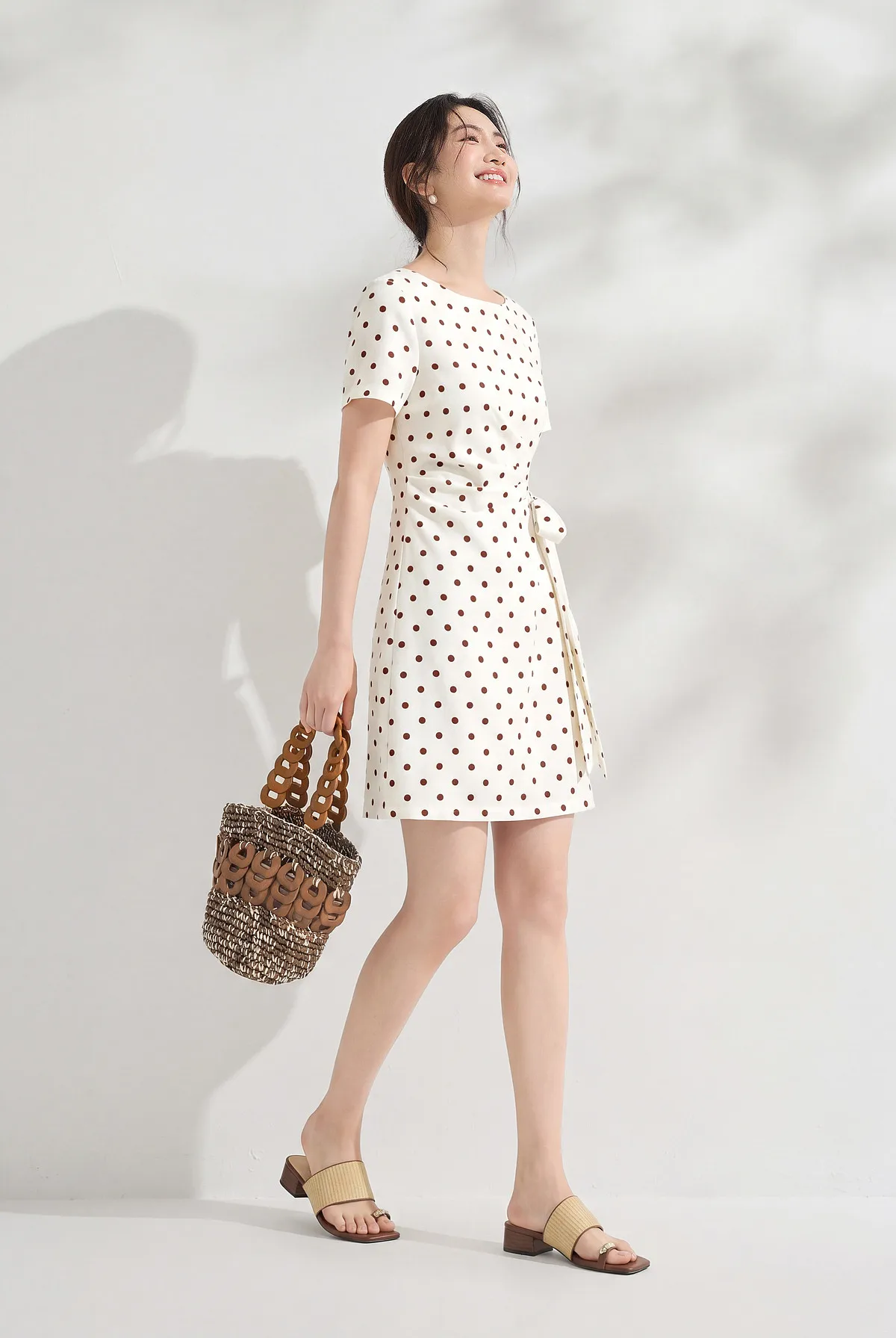 SENTUBILA Damen Französisches Polka-Dot-Kleid Leinen A-Linie Retro Mode Kurzarm Kurzes Kleid Damen Partykleidung 162LI7499 – Detail 12