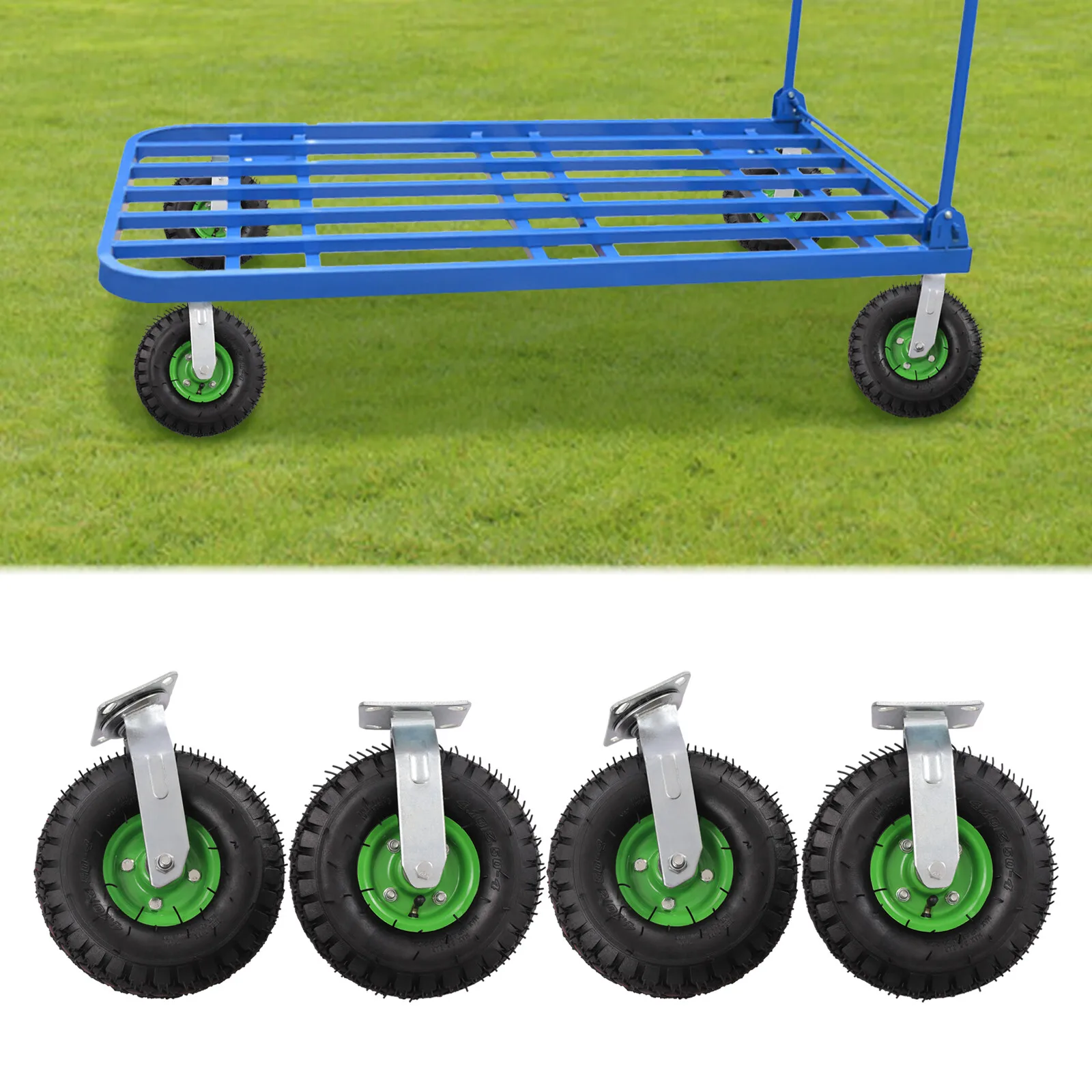 

10 Inch Pneumatic Tire Swivel Casters Heavy Duty 661lbs Load 4 Pack Air Rubber Wheels Plate Mount Farm Cart