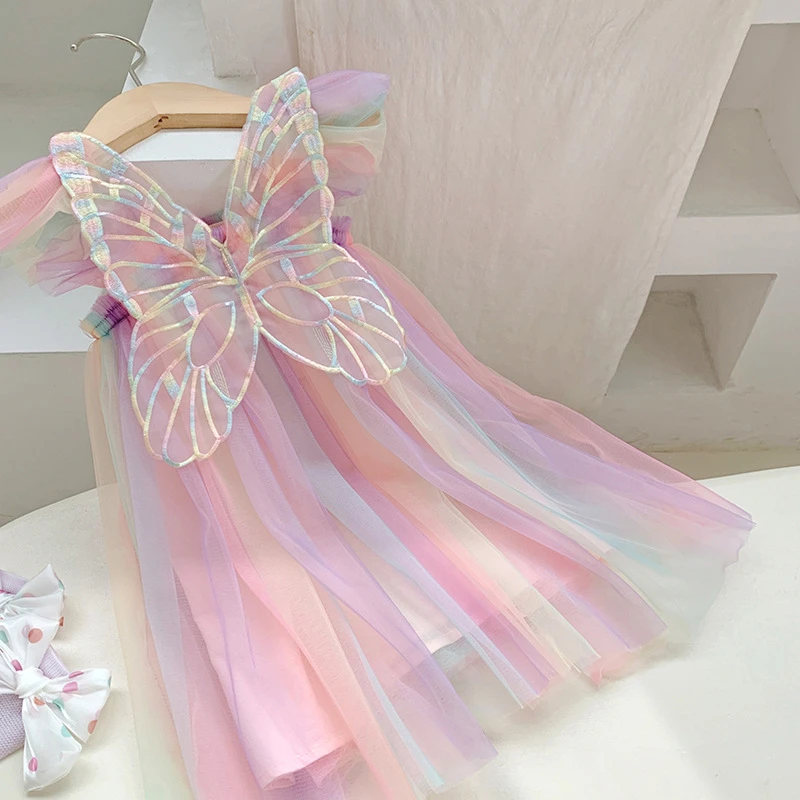 Summer New Dress for Girl Sweet Flying Sleeve Rainbow 3D Wings Mesh Kid Birthday Party Dresses Cute Baby Girl Princess Dress