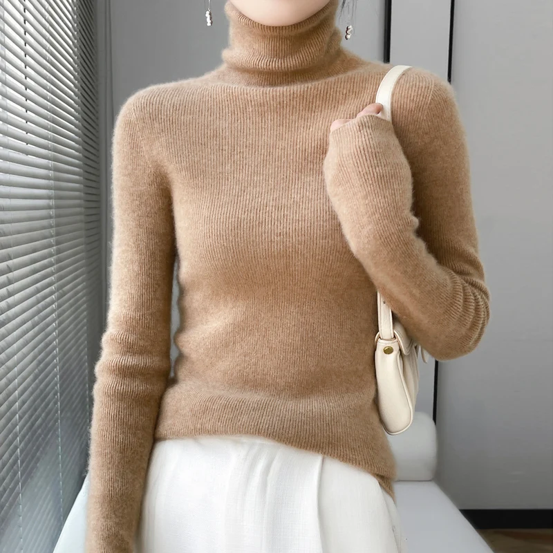 Female turtle neck slim bottoming pullover in autumn and winter 100% merino wool soft Korean pop pullover.