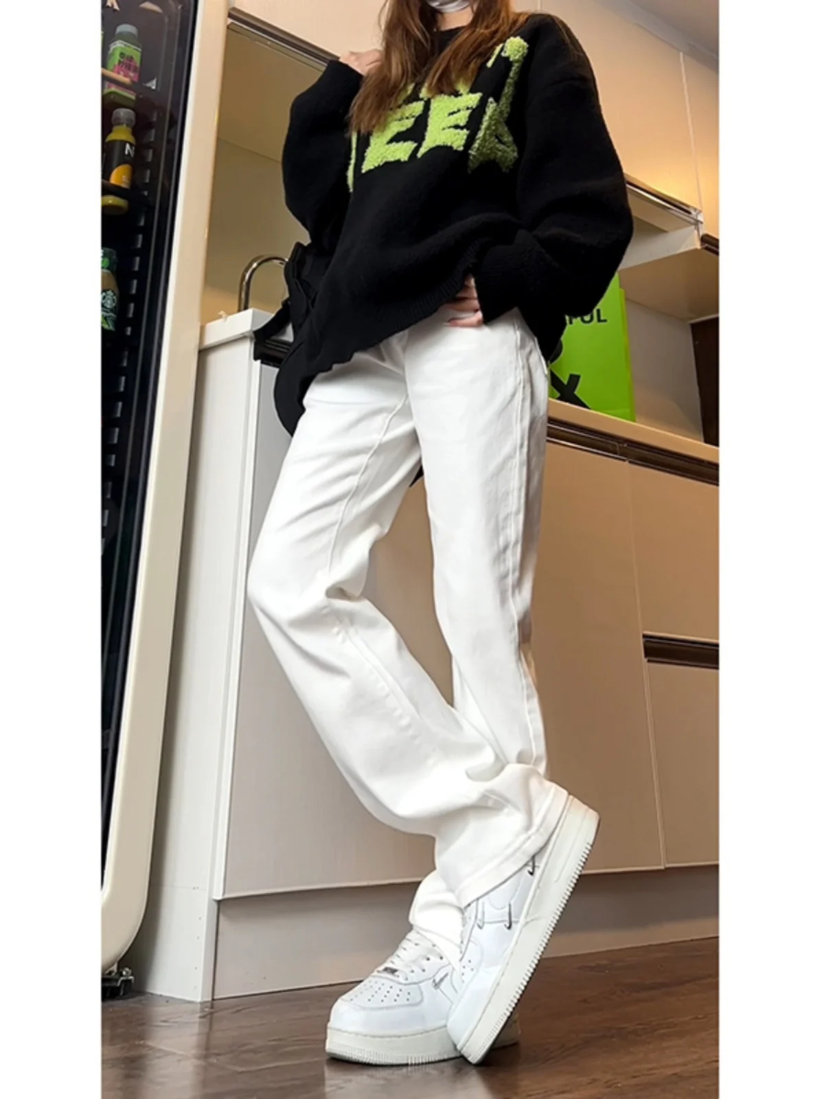 

Белые джинсы с высокой талией, прямые брюки для женщин, весенне-осенняя одежда, удобные, эластичные, для подростков, модные