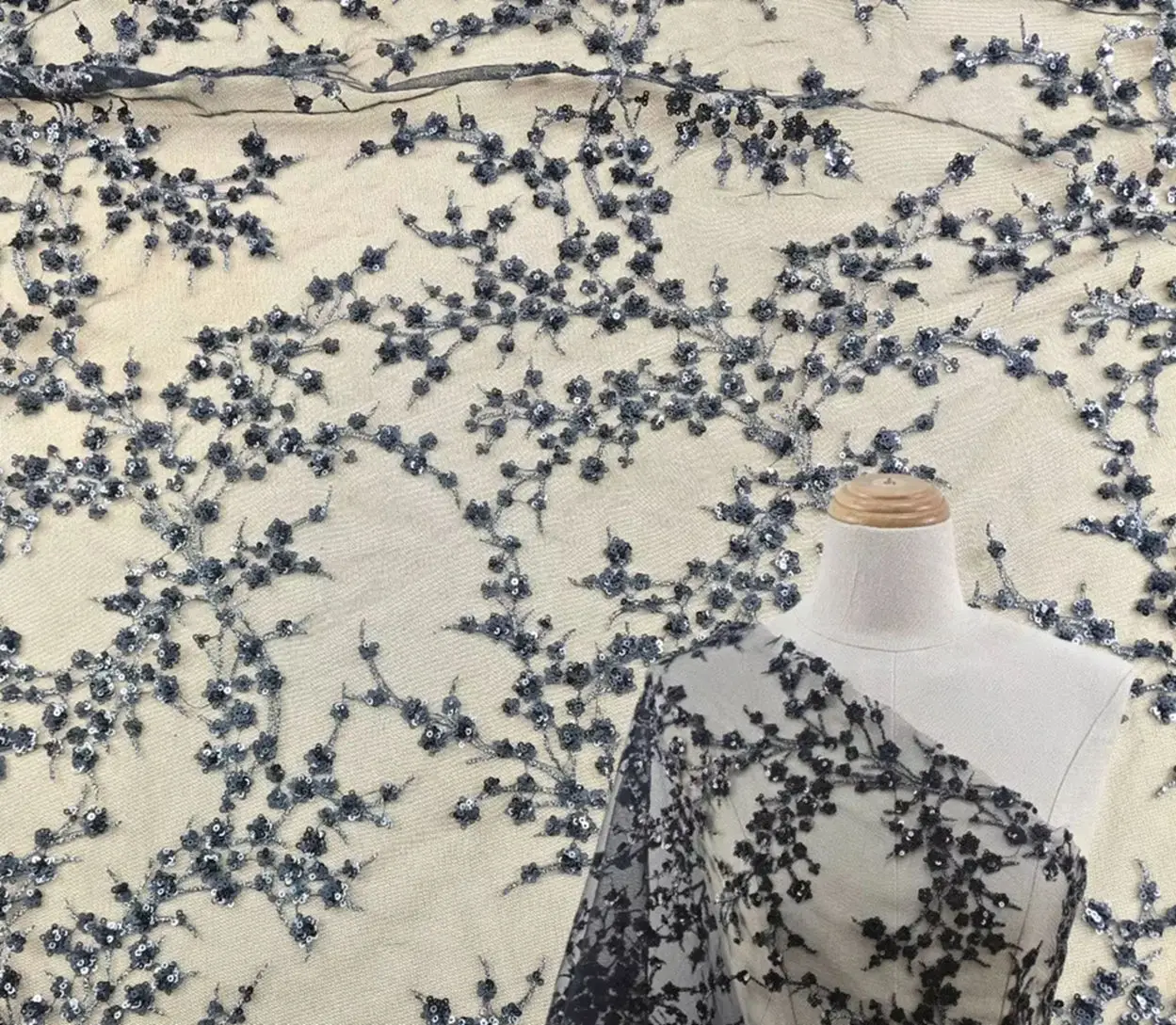 3D Branch Sequin Embroidered Tulle Mesh Fabric, Sheer Floral Lace Cloth For Evening Dress Qipao Wedding DIY Sewing Supply