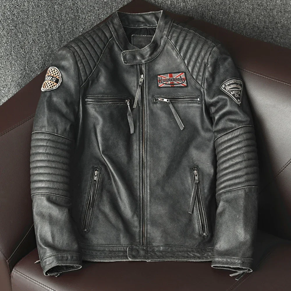 2025 Slim Biker Vintage Gray Spring Autumn Cowhide Leather Coats Motorcycle Genuine Leather Jacket for Men Style Plus Size