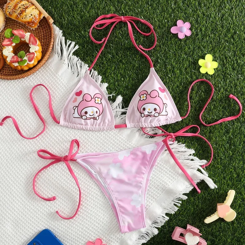 2-częściowy zestaw Bikini Sanrio HelloKitty lato plaża słodkie kreskówki moja melodia miękkie wiozane na boku majtki seksowne Bikini strój kąpielowy